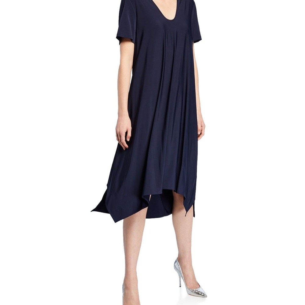Lafayette 148 Gloria Scoop-Neck Short-Sleeve Handkerchief Dress, Navy, NWT